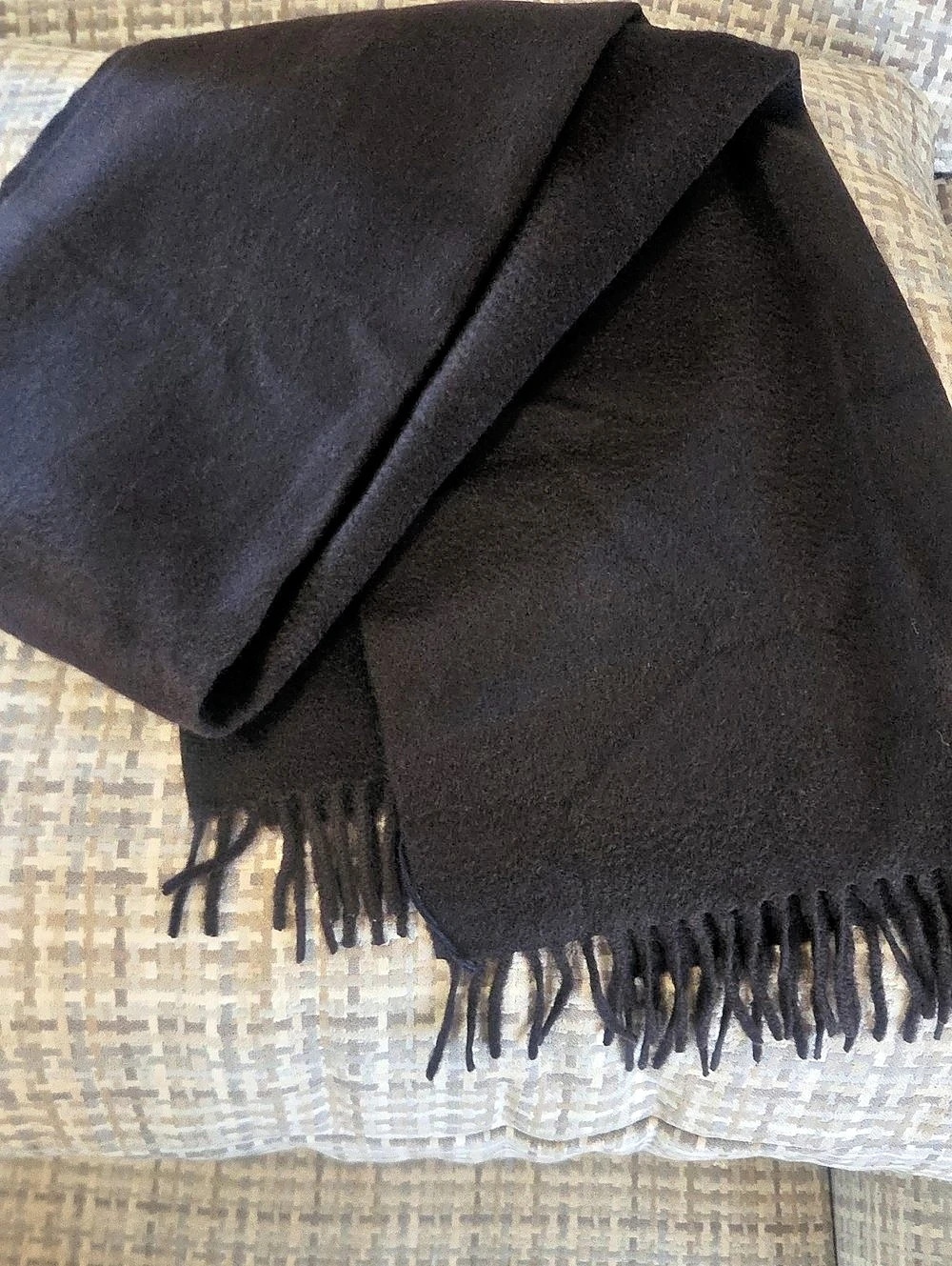 Prada 100% Cashmere Logo Embroidered Fringe Scarf Black